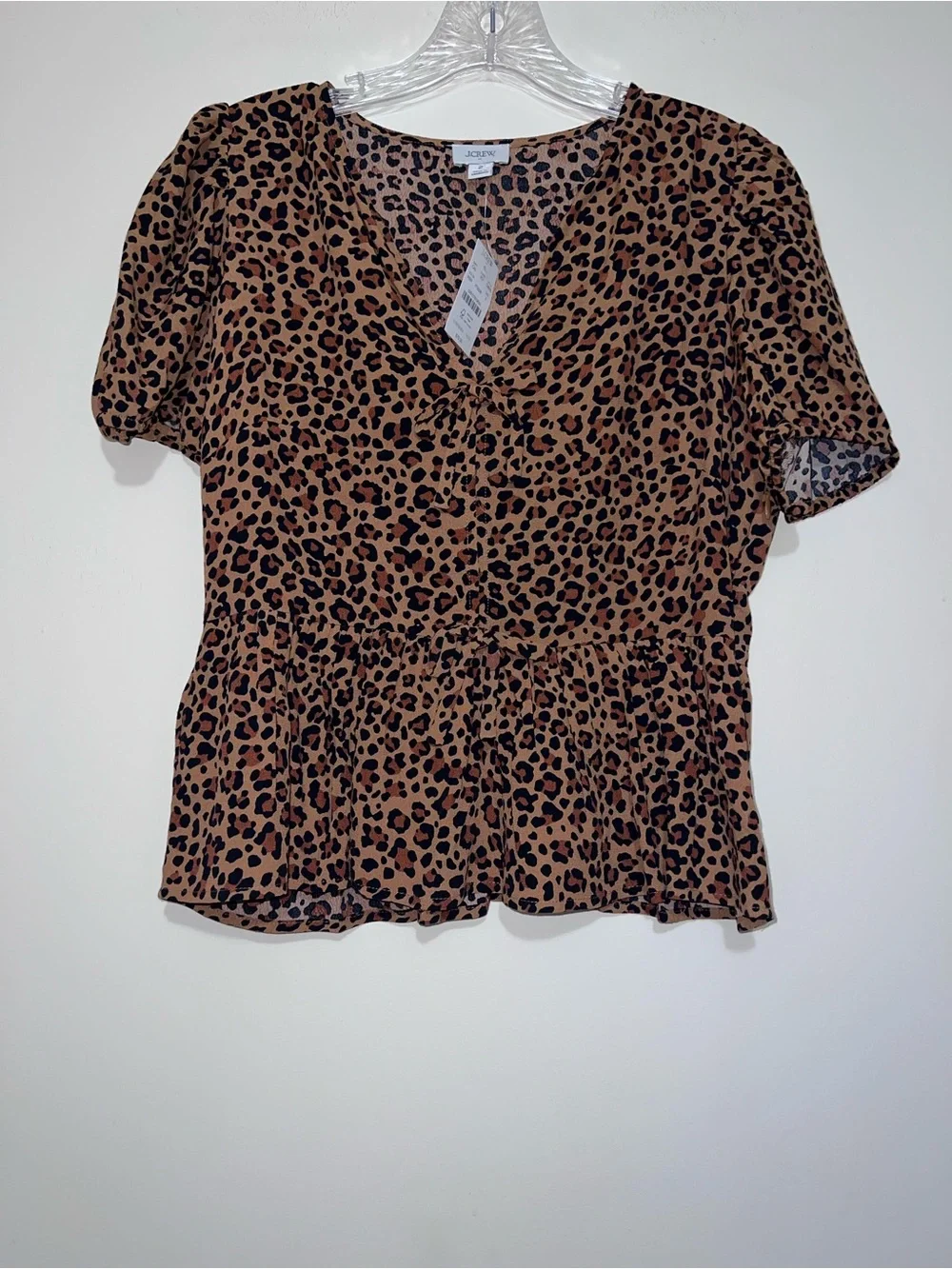 J. Crew Leopard Print Peplum Blouse Womens Size 2 Puff Sleeve Tie Front Top NWT